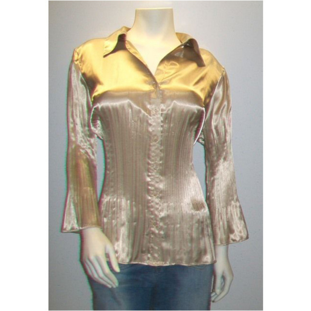 Beige Champagne Pleated Satin Bell Sleeve Blouse